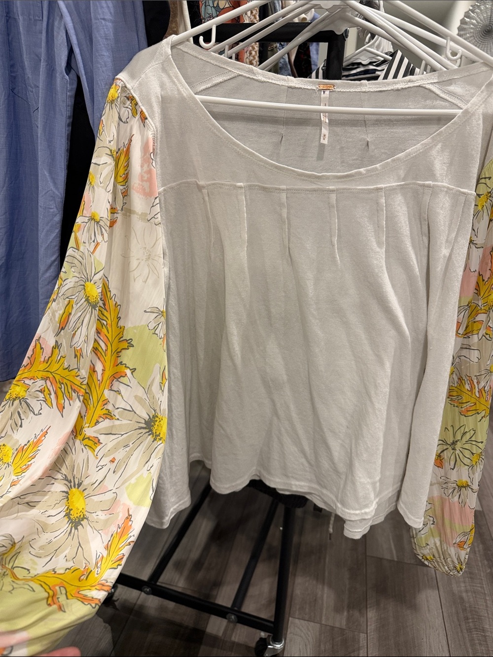 Free People White Off-Shoulder Floral Sleeve Top